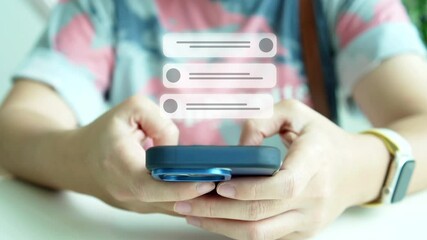 A person's hands hold a smartphone, with translucent speech bubbles layered above, suggesting a messaging or chat interface. The focus is on the interactive nature of mobile communication.