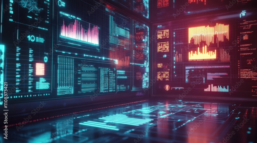 Poster futuristic data visualization with colorful graphs and screens