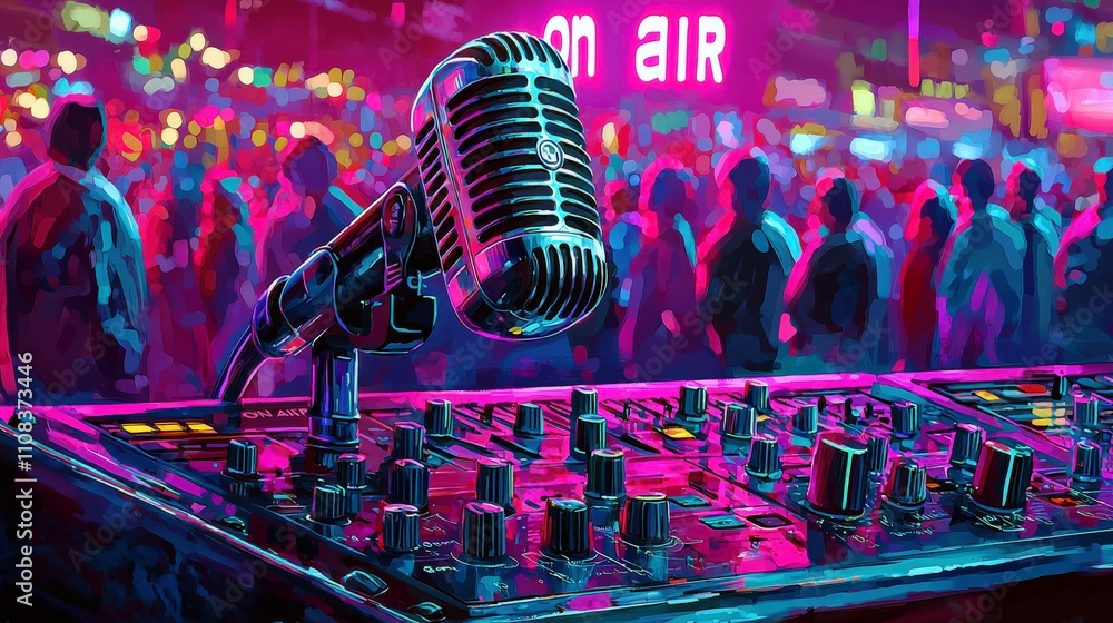 Poster vibrant radio studio setup with microphone and colorful crowd