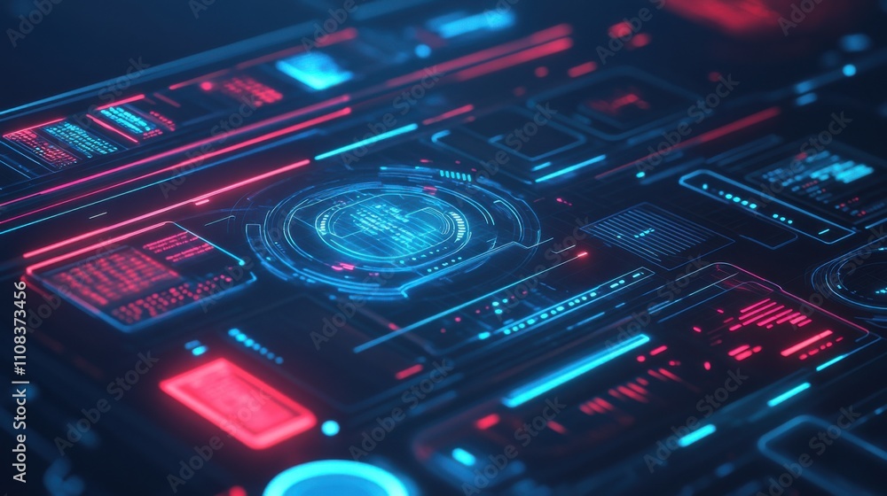 Poster futuristic digital interface with neon elements and data visualization