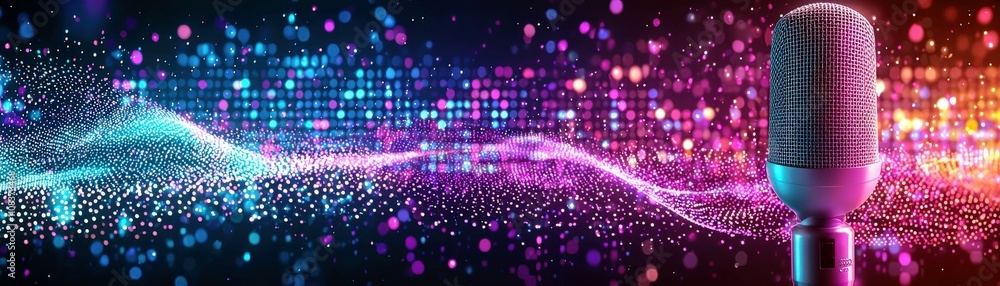 Poster colorful background with microphone and waveform visualization