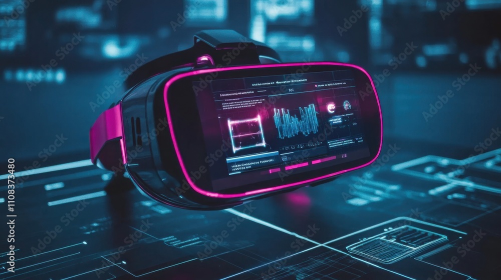 Poster virtual reality headset displaying futuristic interface design