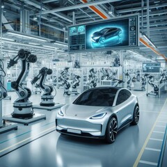 Obraz premium Modern electric car in a high-tech manufacturing facility showcasing advanced technology and robotics in automotive production