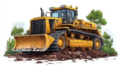Obraz premium Detailed Illustration of Heavy Yellow Bulldozer on Dirt and Rocks in Nature
