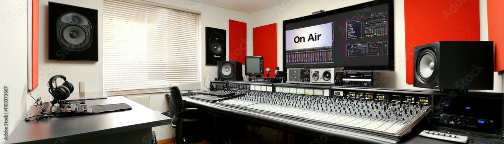 Poster modern recording studio with sound equipment and computer setup