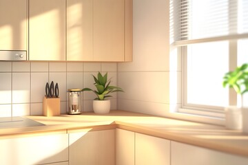 Fototapeta premium A bright kitchen corner with wooden surfaces, plants, and kitchen tools.