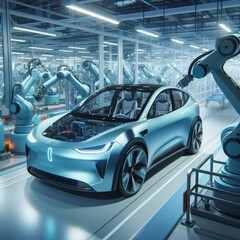Obraz premium Modern electric car in a high-tech manufacturing facility showcasing advanced technology and robotics in automotive production