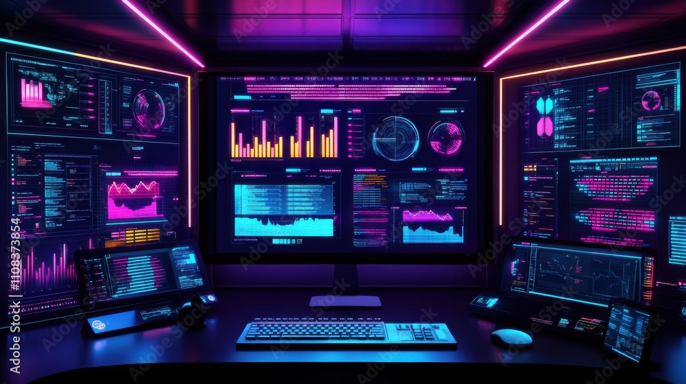 Poster futuristic data analysis workspace with neon lighting and screens