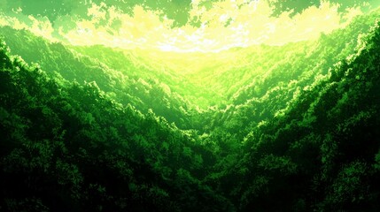 Lush Green Valley Surrounded by Majestic Forest Under Bright Sky