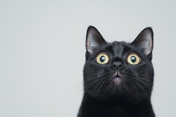 Obraz premium Close-up of curious black cat with wide eyes against a light background