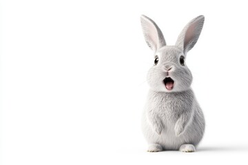 Obraz premium Adorable fluffy white bunny with open mouth on white background