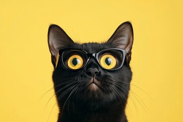Black cat with glasses and yellow eyes on vibrant yellow background