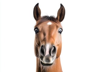 Close-up of a curious brown horse with white background