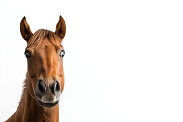 Obraz premium Curious brown horse with wide eyes against white background
