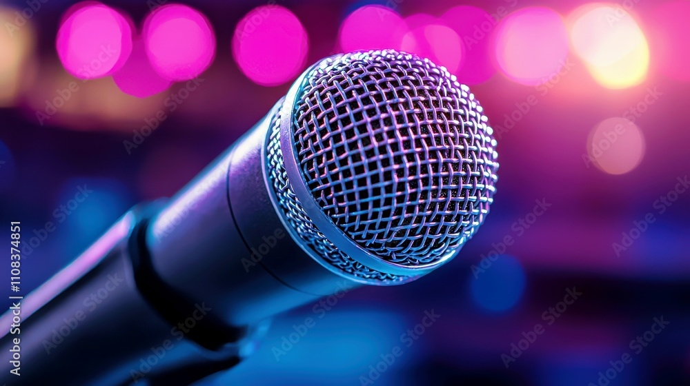 Aufkleber close-up of a microphone with colorful bokeh background
