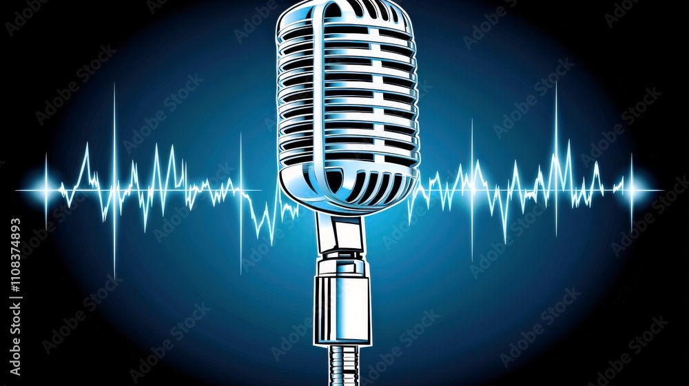 Poster retro microphone with sound wave on dark background
