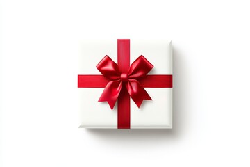 Elegant white gift box with red ribbon bow on clean background