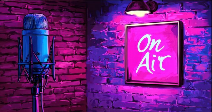 Vibrant Microphone and Neon On Air Sign in a Studio Setting