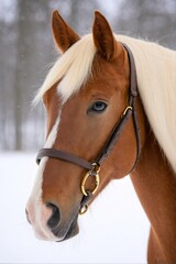 Obraz premium A brown and white horse with a white mane and a bridle stands in a snowy field, gazing directly at the camera.
