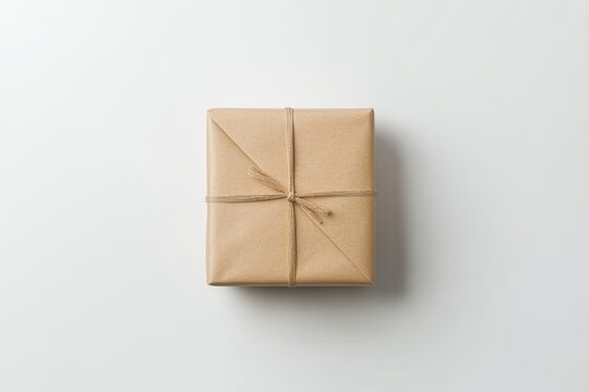 Simple brown paper package with string on white surface