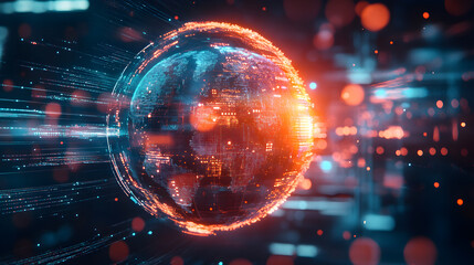 Obraz premium A glowing holographic globe with data patterns and statistics hovering above it