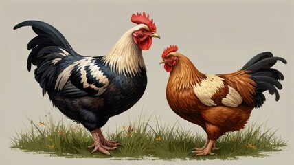 search ranking is impossible without access to the stock photo site's internal data.... Rooster and hen standing in grass.