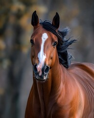 Obraz premium A close-up of a brown horse with a flowing mane against a blurred background.
