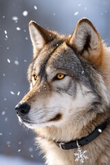 Obraz premium A wolf's gaze, with snowflakes falling, is captured in a close-up portrait against a blurred blue background.