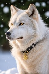 Obraz premium A white wolf with a black collar and a gold snowflake charm gazes to the left, set against a snowy backdrop.