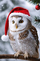 Obraz premium A white owl with brown spots wears a red Santa hat, perched on a branch with snow falling in the background.