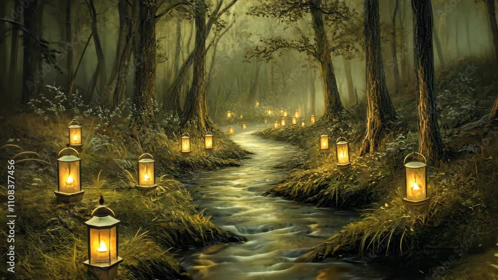 Poster enchanting forest path illuminated by glowing lanterns during twilight in a serene woodland setting