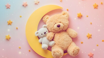 Fototapeta premium A cozy scene with teddy bears resting on a crescent moon surrounded by stars.