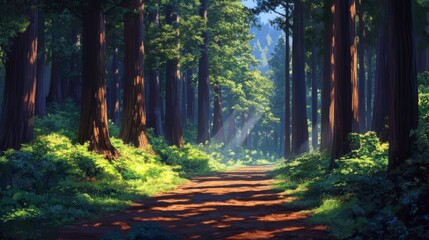 Fototapeta premium Sunlit Path Through Tall Redwood Trees in a Lush Forest