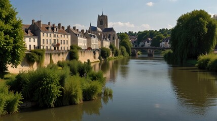 Fototapeta premium Here's a possible and keyword list for your stock photo.. Picturesque river scene with medieval architecture.