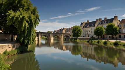 Obraz premium Tranquil river scene with reflection of historic stone buildings and bridge under a blue sky.