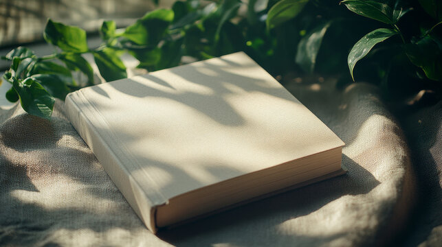 A beige book rests on a linen surface, bathed in sunlight that casts leafy shadows. The tranquil scene evokes a sense of peace and quiet reading.