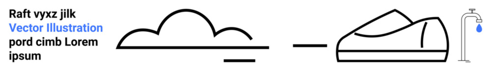 Black outlined clouds, shoes, and a water faucet. Ideal for simplicity, minimalism, environmental awareness, clean design, modern style, water conservation, lifestyle themes. Landing page