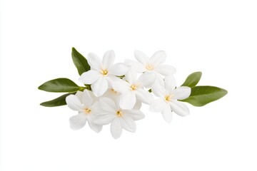 White jasmine blossoms with lush green leaves on a white background