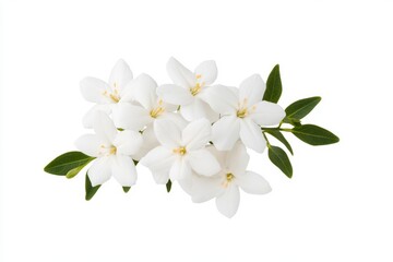 Obraz premium White jasmine flowers with green leaves on white background