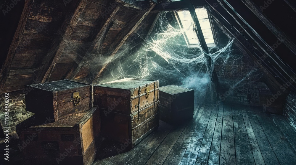 Poster mysterious haunted attic filled with old dusty trunks and cobwebs revealed by dim light streaming th