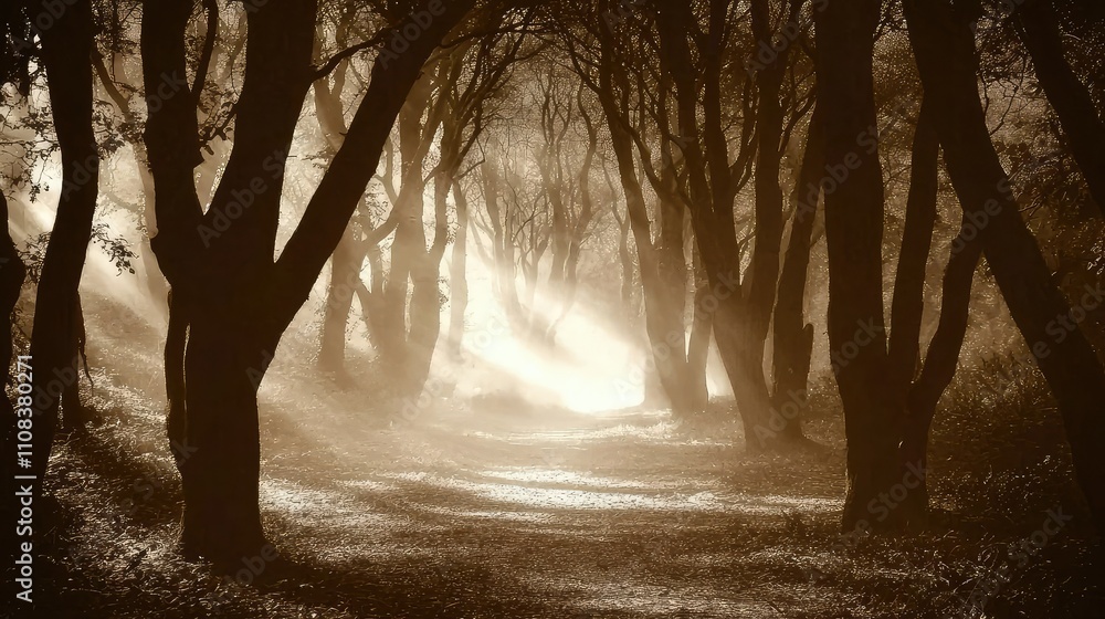 Poster eerie misty forest clearing with shadows, creating a haunting atmosphere in a serene landscape ideal