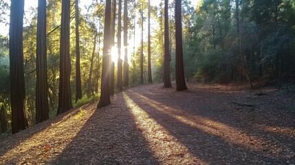 Fototapeta premium Sunbeams Streaming Through Redwood Forest Path