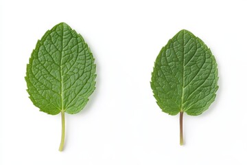 Fototapeta premium Two fresh mint leaves on white background highlighting green texture and shape