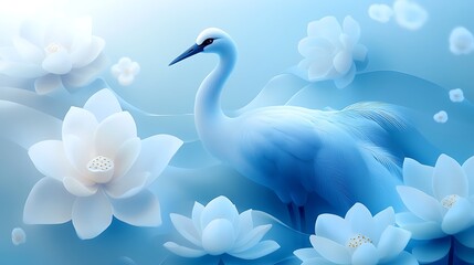Obraz premium A serene crane perched near a cluster of lotus blossoms, flowing silk ribbons creating graceful movement in the background, soft golden light illuminating the scene, fine feather and floral details,