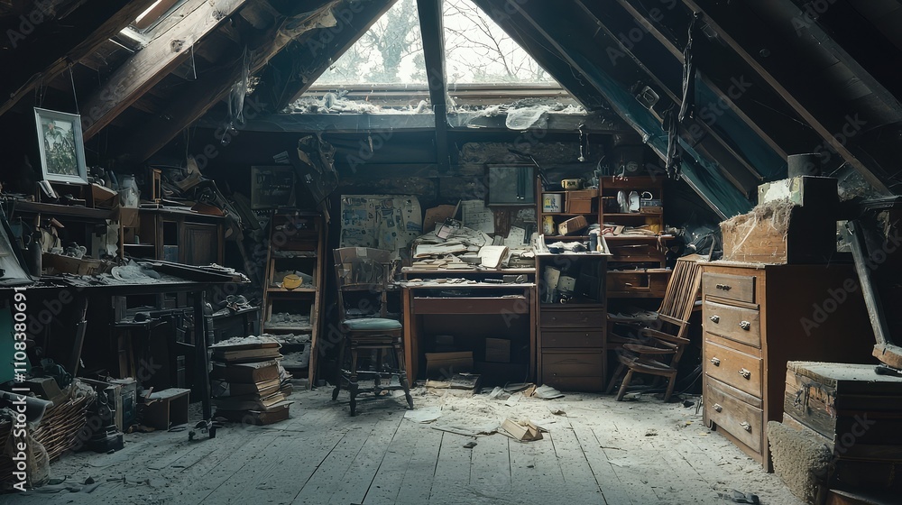 Poster haunting attic filled with forgotten objects and dust in a dimly lit space, capturing the essence of