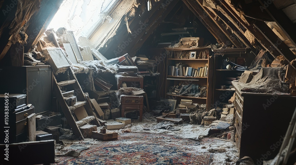 Poster haunting attic filled with forgotten objects and dusty shelves, creating a mysterious atmosphere in 