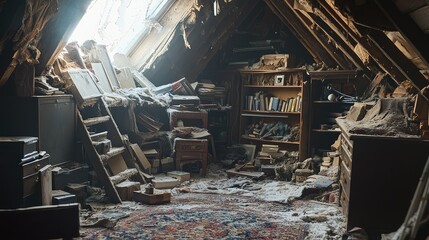 Haunting Attic Filled with Forgotten Objects and Dusty Shelves, Creating a Mysterious Atmosphere in an Overlooked Space