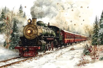Naklejka premium A Vintage Steam Train Chugs Through a Snowy Winter Wonderland.