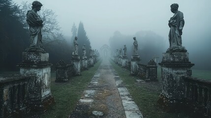 Fototapeta premium Haunting View of a Foggy Cemetery Path Lined with Ancient Statues and Trees Creating an Eerie Atmosphere Perfect for Mysterious Themes and Storytelling