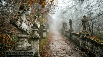 Fototapeta premium Haunting View of a Foggy Cemetery Path Lined with Ancient Statues Surrounded by Mysterious Atmosphere and Overgrown Foliage